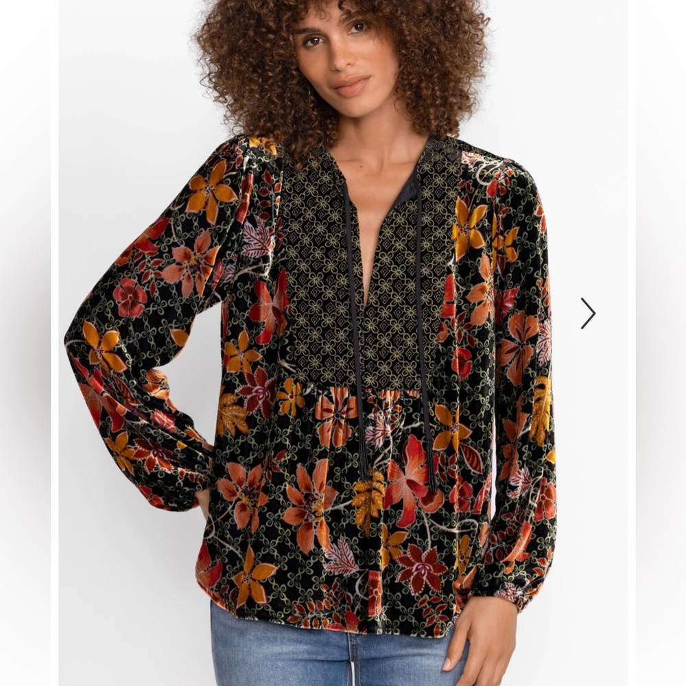 NWOT Johnny Was Jasmoon Flore Velvet Curved Floral Print Hem Blouse Tunic Top S